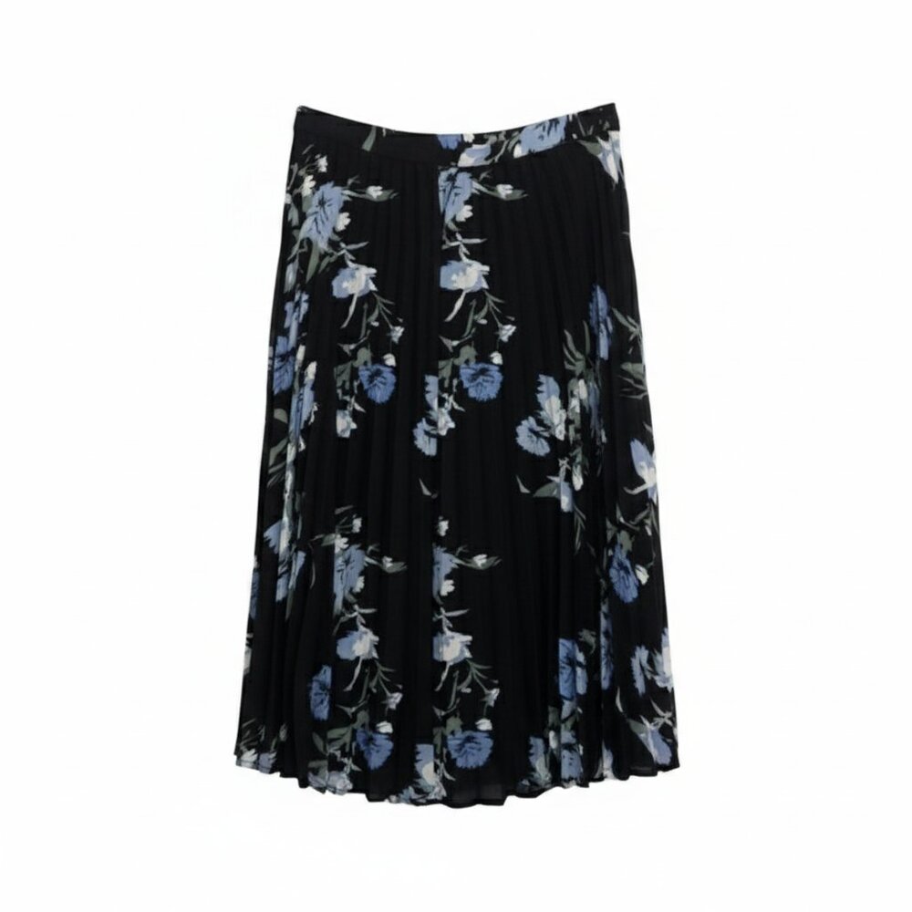 Vince Camuto Black and Blue Floral Pleated A-Line Skirt